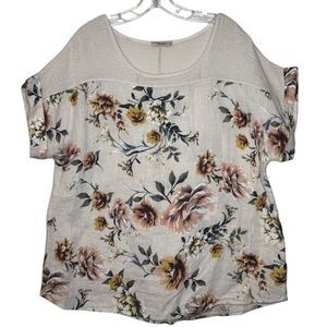 Lungo L’Arno Off White Short Sleeve Floral Blouse Size 1X Linen Relaxed Fit